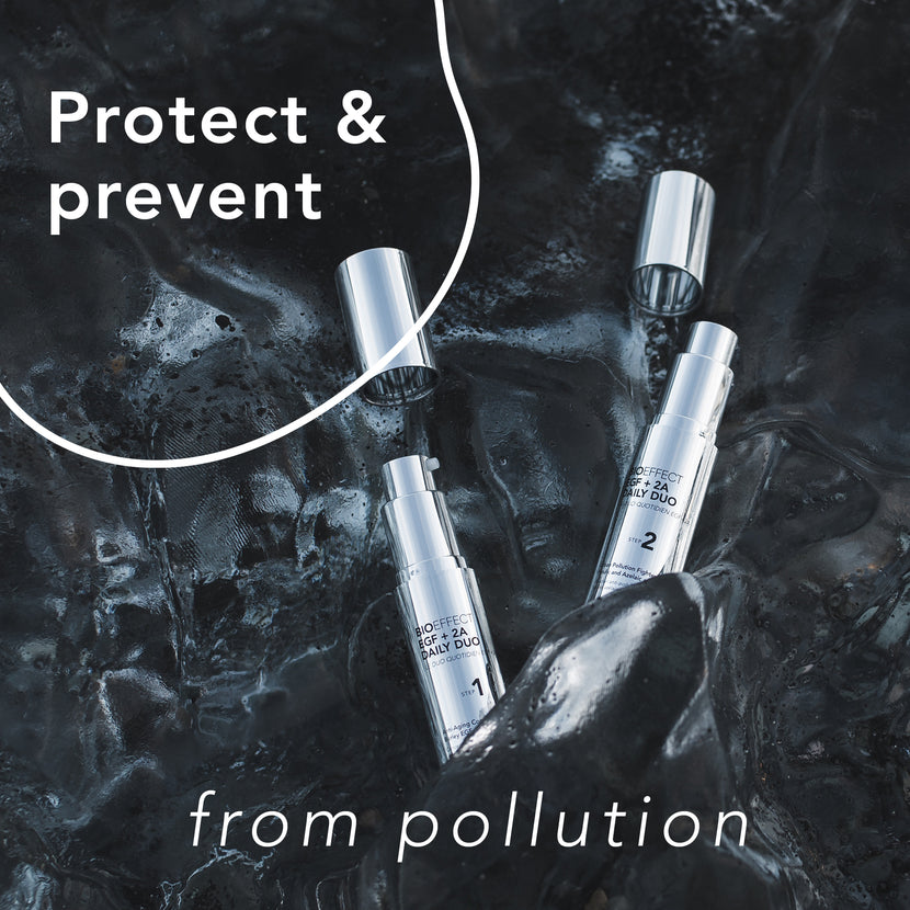 BIOEFFECT EGF + 2A Daily Duo in a black material with the text “Protect & prevent from pollution”