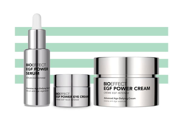 Bioeffect skincare products including serum, eye cream, and cream on a white background with green stripes.