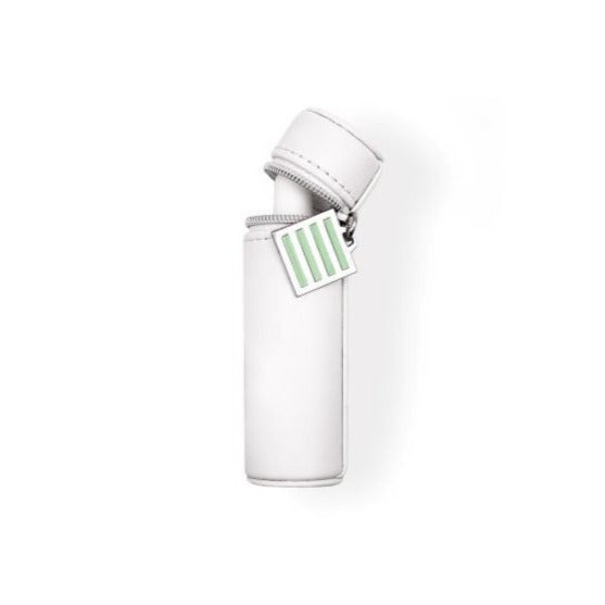A white cylindrical case with a zipper top & the BIOEFFECT EGF Serum bottle is stored inside of it.